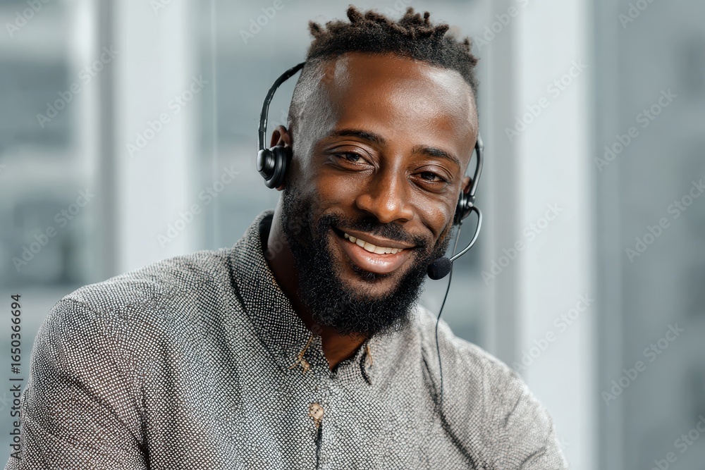 Poster customer service professional engaging with clients and providing support in a modern office setting