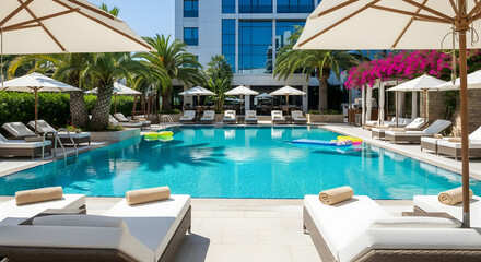 A serene and luxurious pool scene, showcasing relaxation and leisure with pristine turquoise water, inviting lounge chairs, and the shade of large umbrellas set against a backdrop of palm trees and