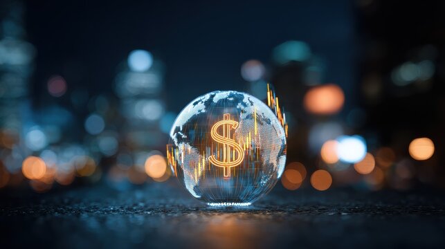 creative globe hologram with money signs and candlestick graph on blurry night city background global trade finance currency and future concept double exposure no logos no brands ar 169