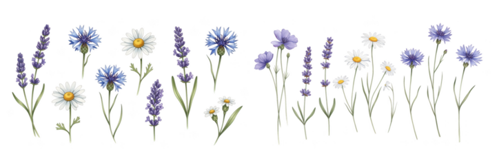 A colorful arrangement of flowers, including daisies and lavender, set against a transparent background.