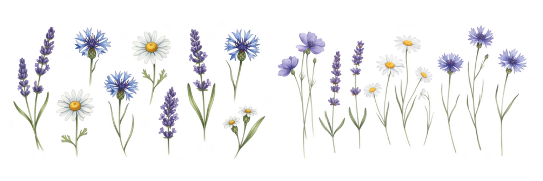 A colorful arrangement of flowers, including daisies and lavender, set against a transparent background.