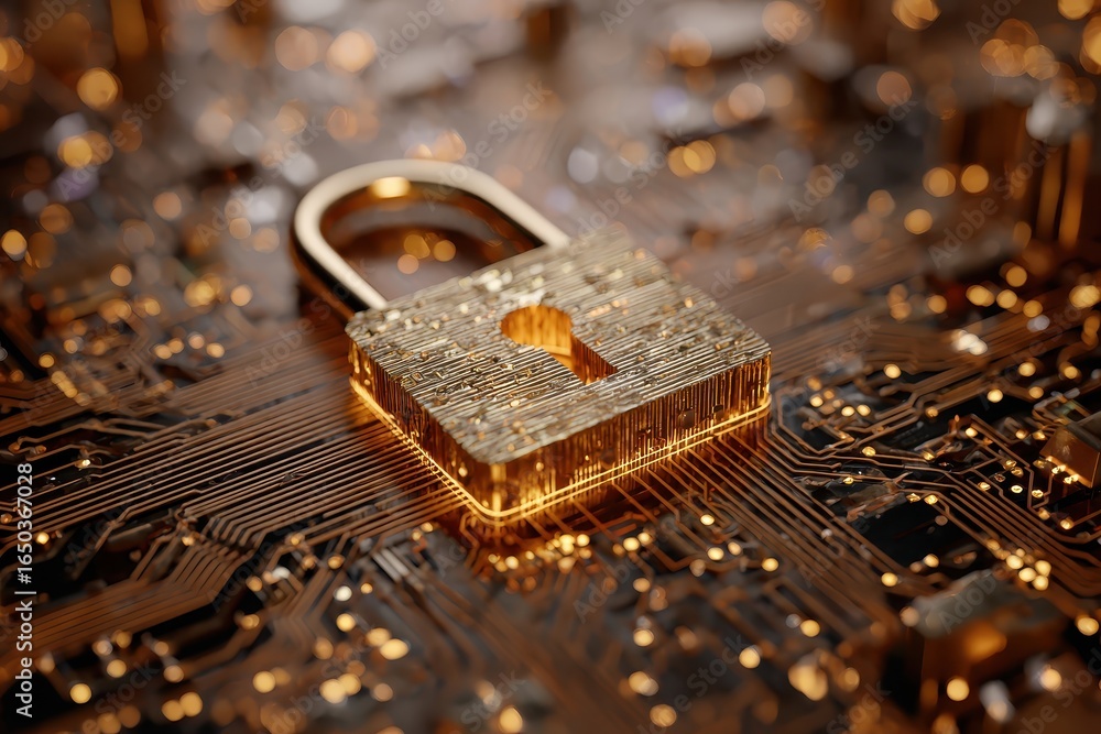 Poster glowing padlock on a circuit board symbolizing digital security and encryption in a modern technolog