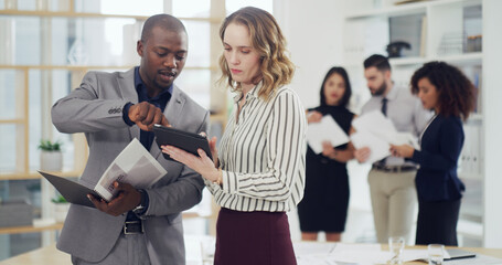 Office, documents and business people on tablet in meeting for finance report, review and planning....