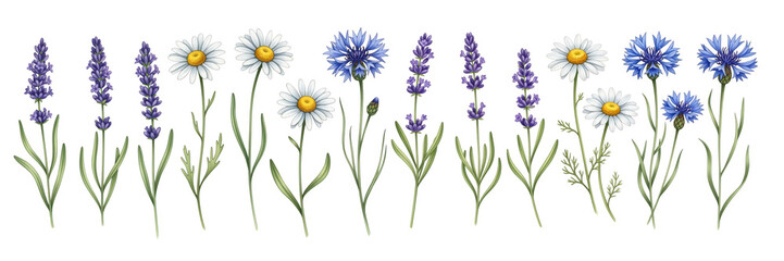 Fototapeta premium A vibrant display of colorful flowers, including daisies and lavender, creating a cheerful garden scene.