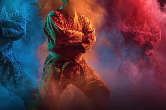 Colorful martial arts fighters displayed in dynamic poses with vibrant smoke effects during a combat sport event in the evening