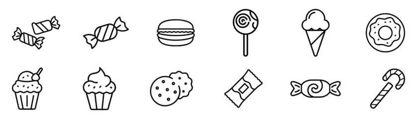Black and White Food and Dessert Icon Set – Candy, Burger, Donut, Ice Cream, Cupcake, Cookies, Chocolate, Lollipop, Candy Cane