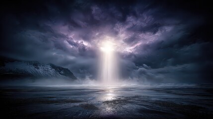 Celestial Light Beam Over Frozen Landscape