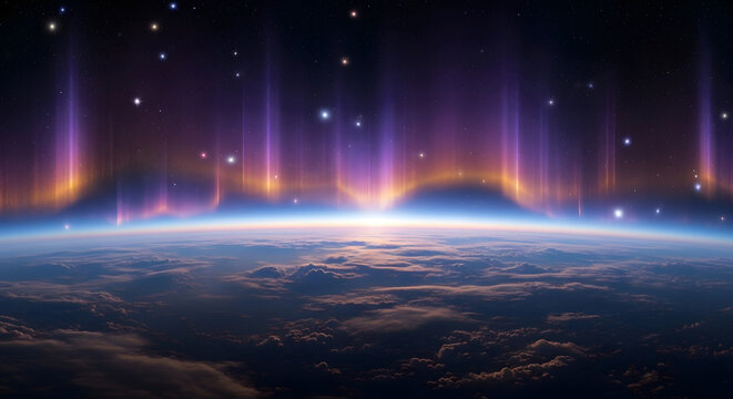 Majestic aurora borealis streaks across the horizon, illuminating a panoramic view of the earth's curvature from space, adorned with shimmering stars and layered clouds in a symphony of celestial