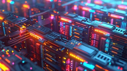 A 3D model of a data center with rows of servers and glowing lights, symbolizing the vast storage and processing power of modern IT infrastructure, with a futuristic and techinspired design 