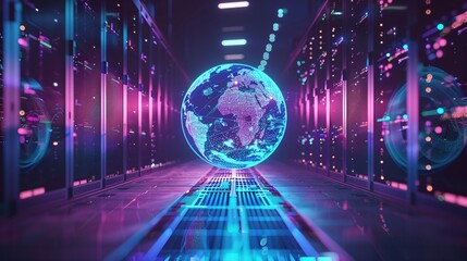 A 3D model of a data center with rows of servers and glowing lights, symbolizing the vast storage and processing power of modern IT infrastructure, with a futuristic and techinspired design 