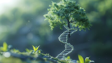 A 3D model of a DNA strand morphing into a tree, symbolizing the interconnectedness of life and biology  ,3D render