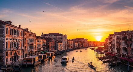Obraz premium Venetian Grand Canal Illuminated by the Golden Hues of the Setting Sun Over the Skyline