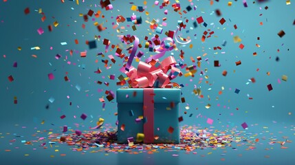A 3D model of a gift box bursting open with confetti, symbolizing the excitement and anticipation of new product launches and marketing campaigns, with a festive and celebratory style  ,3DCG
