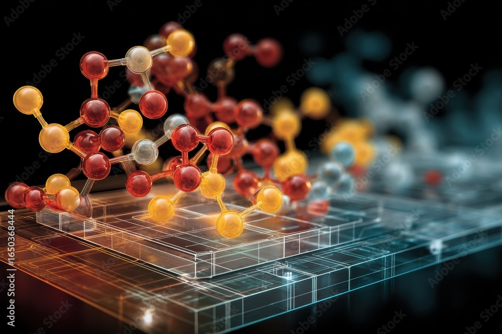 Poster schematic overlay depicting complex molecular interactions highlighted in different colors on a tran