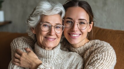 portrait of old grandma and adult granddaughter hugging with love on sofa while looking at camera happy young woman with eyeglasses hugging from behind older grandma with spectacles generation family