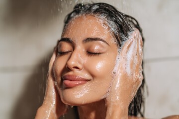 Skincare routine in the shower with a woman washing her face, enjoying the foamy lather and cleansing effects of water in a serene atmosphere