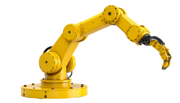 Yellow industrial robotic arm, isolated on transparent background, 3D realistic render