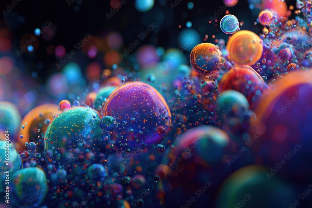 Poster colorful abstract art render depicting vibrant bubbles in a dynamic and fluid composition with a mes