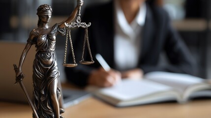 Lady Justice statue with scales of law in front of lawyer working with legal documents, symbol of fairness, balance, and impartiality in the judicial system