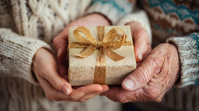 closeup of hands of senior and young woman holding a present at christmas no logos no brands ar 169 - Powered by Adobe