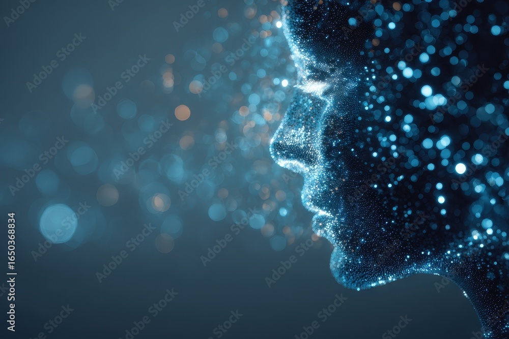 Poster glowing blue digital head profile with bokeh effects creating a mesmerizing visual display of light 