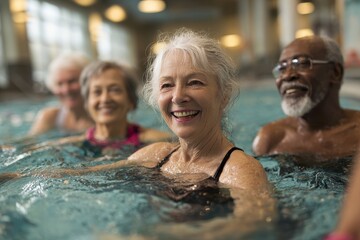 Senior adults engage in water aerobics for fitness and social interaction in a bright indoor pool during a sunny afternoon