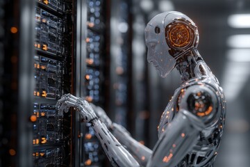 Artificial intelligence engages in deep learning processes within a server room, showcasing advancements in robotic technology and data processing capabilities