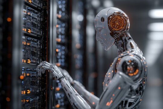 Artificial intelligence engages in deep learning processes within a server room, showcasing advancements in robotic technology and data processing capabilities - Powered by Adobe