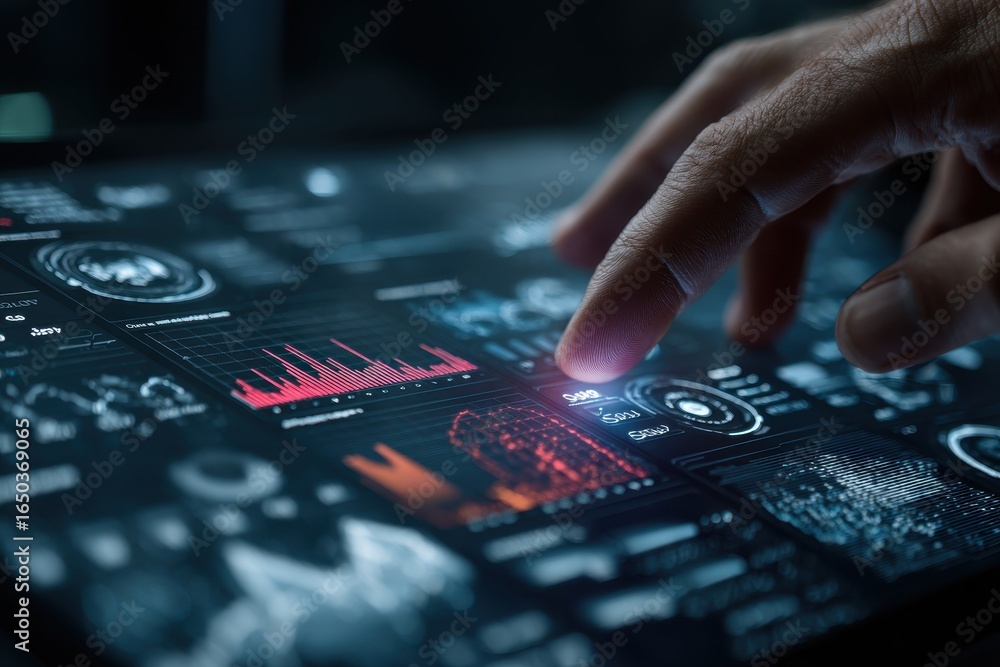 Poster focused data analysis on a futuristic digital interface featuring interactive graphs and metrics in 