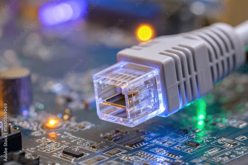 Poster closeup view of ethernet cable connected to circuit board with glowing lights and intricate details 