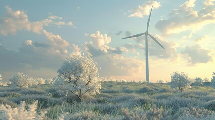 A 3D model of a wind turbine spinning in a field, symbolizing the harnessing of wind power for sustainable energy, with a dynamic and environmentally conscious composition  ,3D style