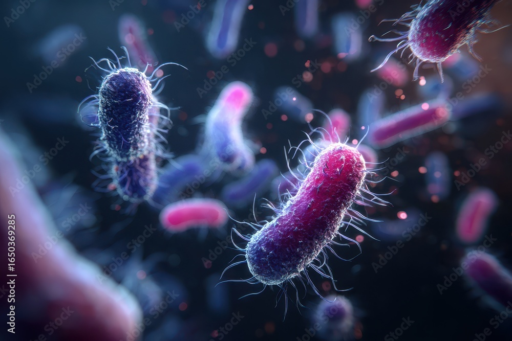 Poster exploring the diverse world of microbial bacteria colony in a vibrant microbiome environment under a