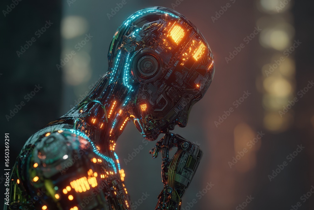 Poster futuristic humanoid robot with intricate circuitry pondering in a dimly lit environment