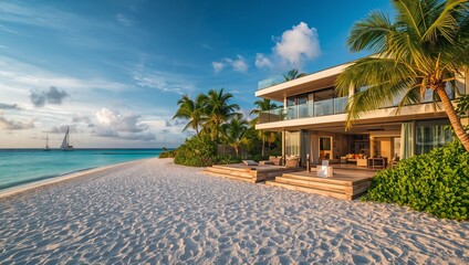 Fototapeta premium Stunning luxury beach house in the Caribbean, with turquoise ocean waters and powdery white sand in the foreground, surrounded by lush green palm trees and vibrant tropical flora.