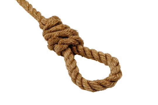 Close-up of a hanging noose. A light brown rope forms a tight, simple loop, likely for hanging