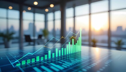 Modern business office with finance chart, data, analytics, investment growth