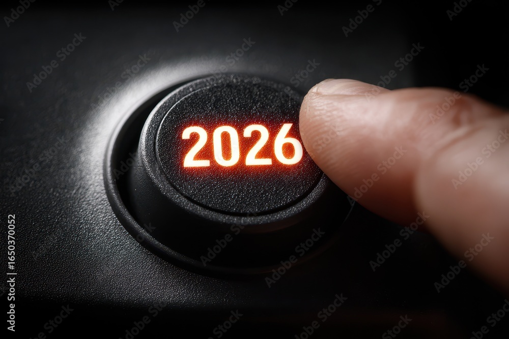 Poster finger pressing illuminated start button with the year 2026 displayed, symbolizing the beginning of 