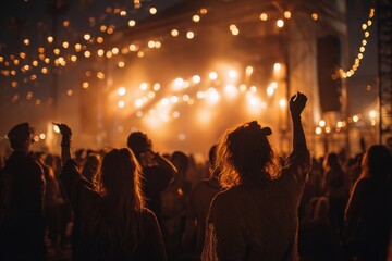 Energetic crowd enjoying a vibrant concert under bright lights while dancing and celebrating the music at an outdoor venue during an evening event