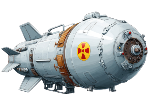 A stylized, cartoonish depiction of a large,  nuclear missile.  It's light gray,  with  brown/tan  details.  A red radiation symbol is prominently displayed