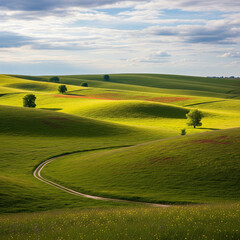 Obraz premium Green field landscape with blue sky countryside viewGreen field landscape with blue sky countryside viewGreen field landscape with blue sky countryside view