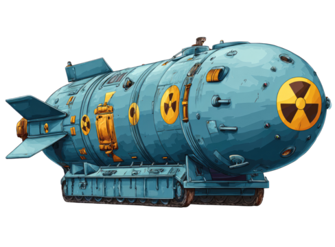 A stylized illustration of a large,  light-blue nuclear missile on a wheeled carriage.  The missile is depicted with  distinct panels and  yellow radiation symbols