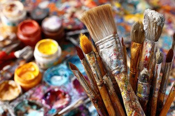 Fototapeta premium Artistic paintbrushes and colorful pigments