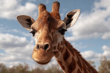 Fototapeta premium Giraffe encounters visitors at safari park, showcasing its distinct features under a bright sky filled with clouds during a sunny afternoon
