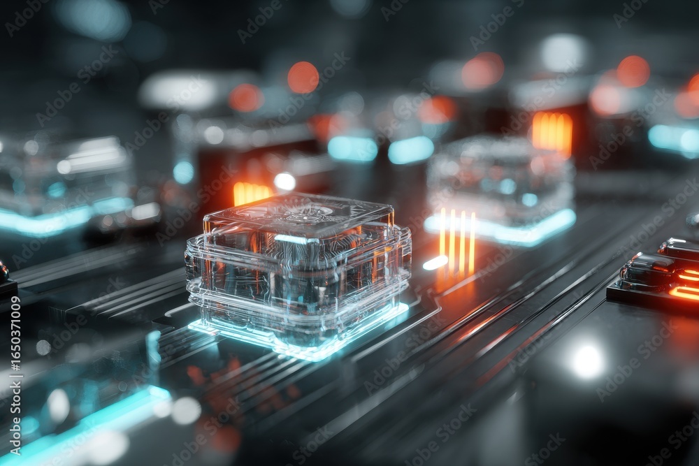 Poster futuristic electronic control unit system visualization showcasing advanced technology and intricate