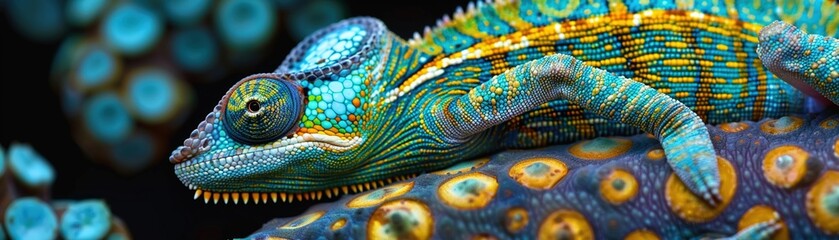 A chameleon tries to blend in with a polkadotted pattern, looking more confused than camouflaged ai car