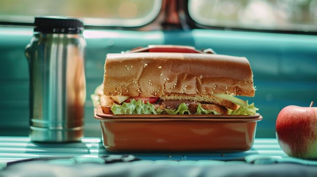 A classic lunchbox filled with a PBJ sandwich, a juicy apple, and a thermos of chocolate milk Electric car