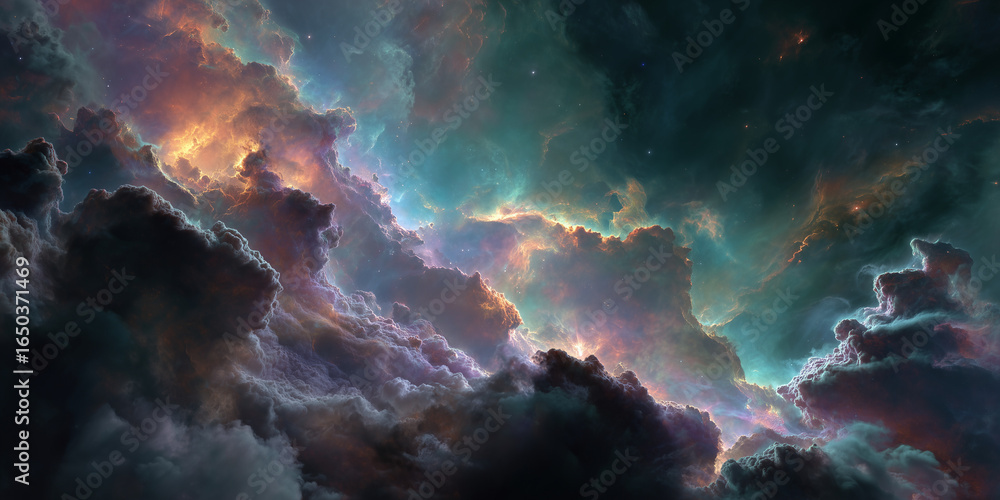 Poster 360 degree equirectangular projection space background with nebula and stars, environment map. hdri 