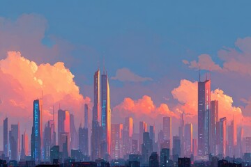Lofi cyberpunk cityscape skyline at sunset showcasing vibrant hues and a tranquil atmosphere with towering structures and fluffy clouds