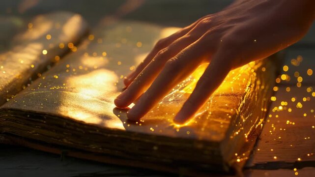 Hand casting a spell on illuminated book creating magical glow effect.