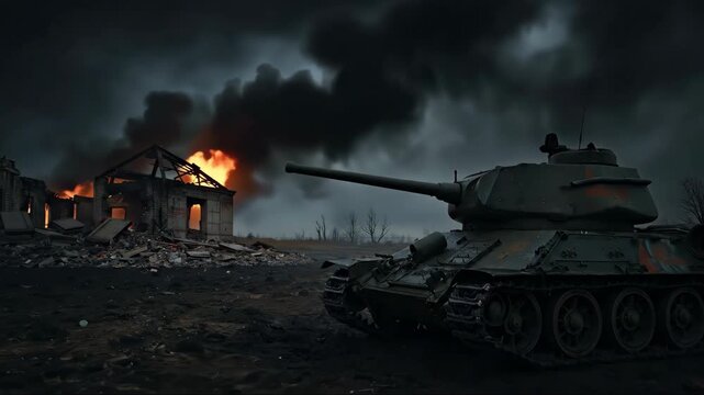 Tank near burning ruins under storm clouds. Dramatic war style. Conflict and devastation. Security analysis, crisis messaging, museum displays, remembrance events, defense briefs, education materials